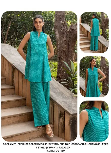 SET0192 Ladies Teal Green Printed Cotton Cord Set Surat Wholesale Market